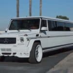 White stretched Mercedes-Benz G-Class limousine outdoors