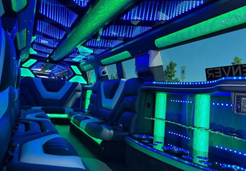 Neon-lit luxury limousine interior with leather seats
