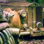 Rusty vintage cars with moss-covered front grilles