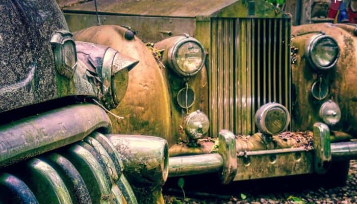 Rusty vintage cars with moss-covered front grilles