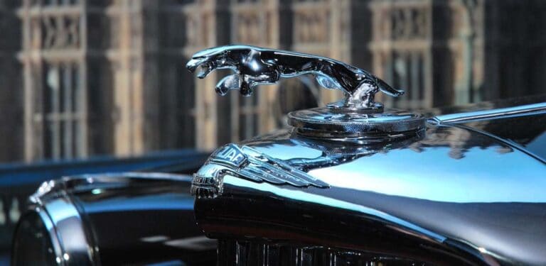 Chrome Jaguar hood ornament on classic car