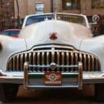 Front view of vintage white classic car
