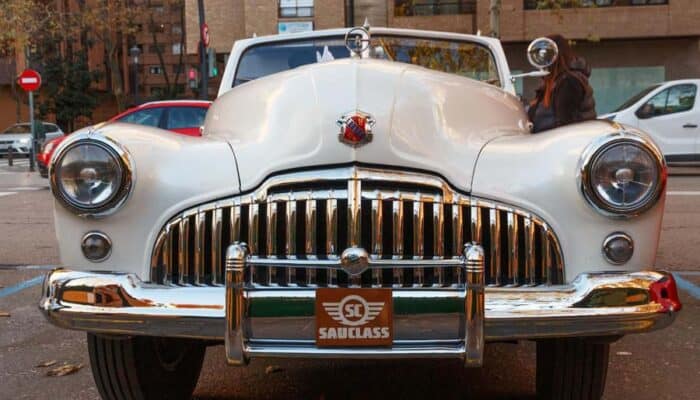 Front view of vintage white classic car