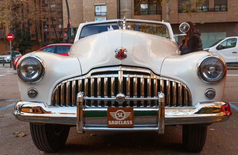 Front view of vintage white classic car