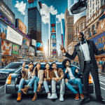Friends posing on limousine in Times Square