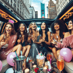 Women celebrating with champagne in limousine at night