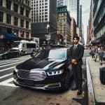 Man in suit beside black luxury sedan downtown
