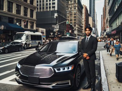 Man in suit beside black luxury sedan downtown