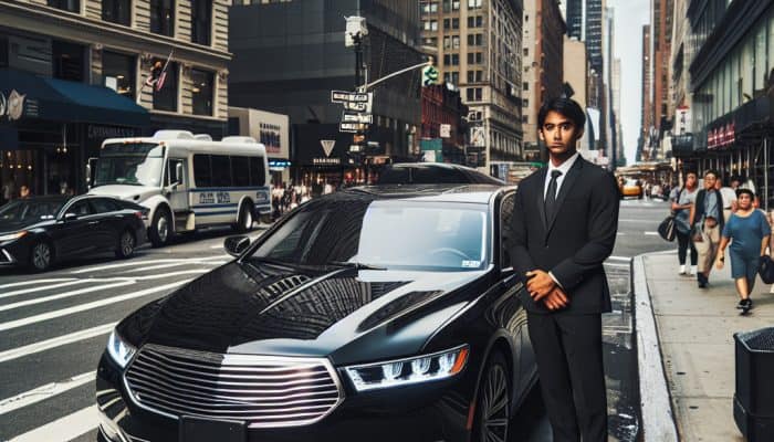 Man in suit beside black luxury sedan downtown