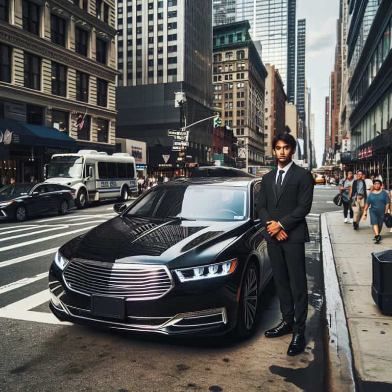 Man in suit beside black luxury sedan downtown