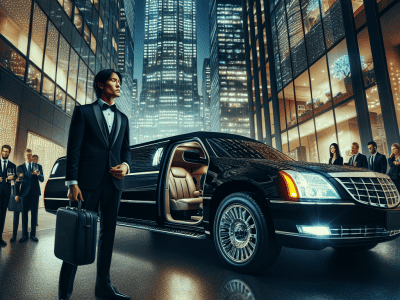 Businessman with briefcase beside luxury limousine at night