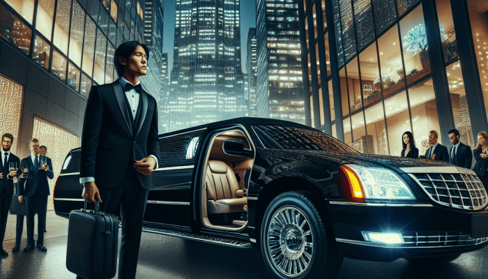 Businessman with briefcase beside luxury limousine at night