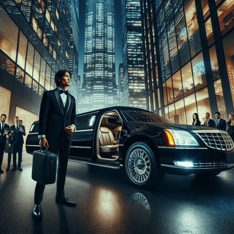 Businessman with briefcase beside luxury limousine at night