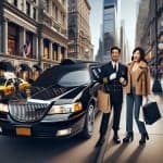 Chauffeur and woman with shopping bags by limousine