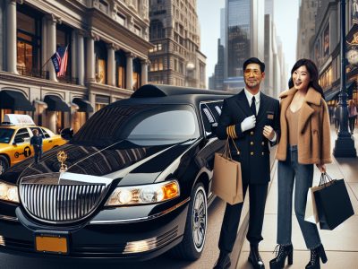 Chauffeur and woman with shopping bags by limousine