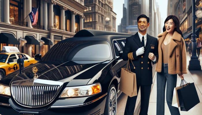 Chauffeur and woman with shopping bags by limousine