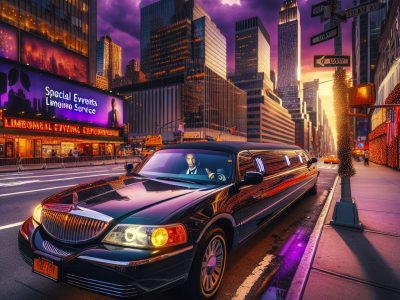 Black stretch limousine in city at sunset