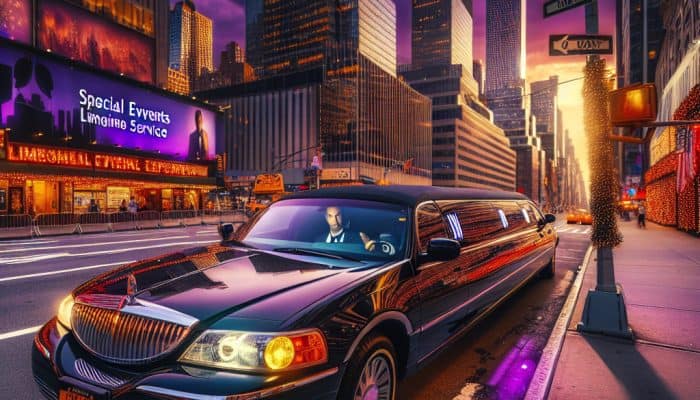 Black stretch limousine in city at sunset