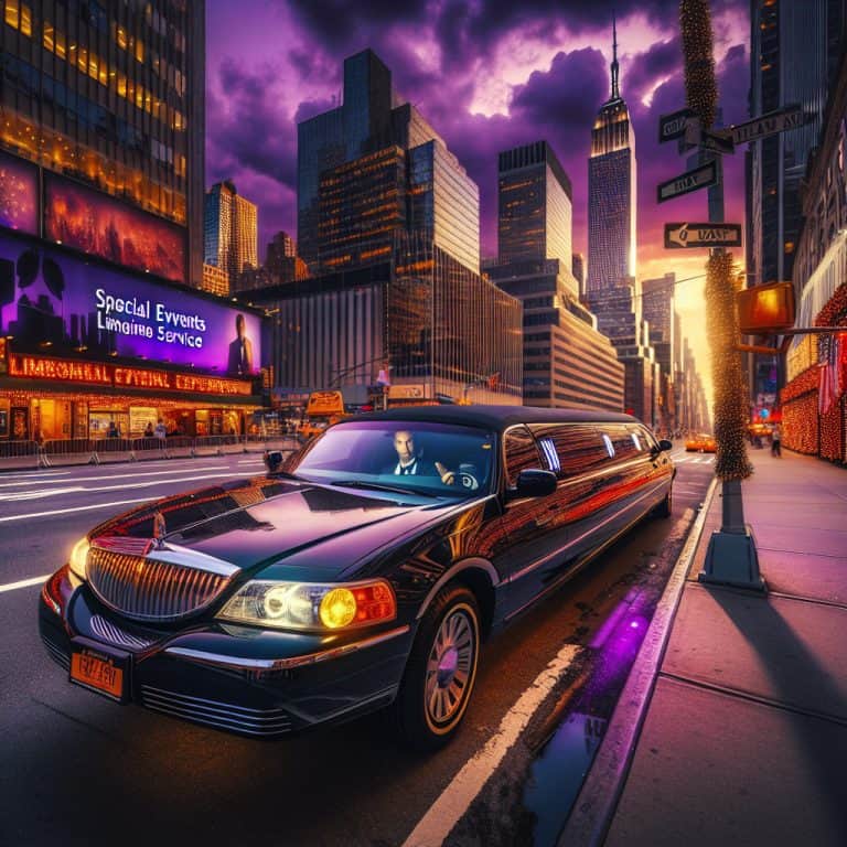 Black stretch limousine in city at sunset