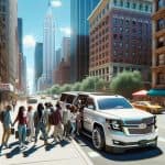 People boarding white SUV in New York City