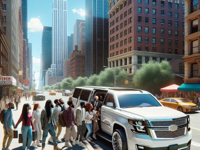 People boarding white SUV in New York City