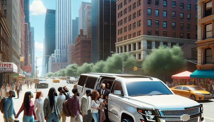 People boarding white SUV in New York City