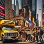 Tourists reading map beside yellow rental bus, Times Square