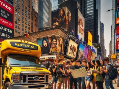 Tourists reading map beside yellow rental bus, Times Square