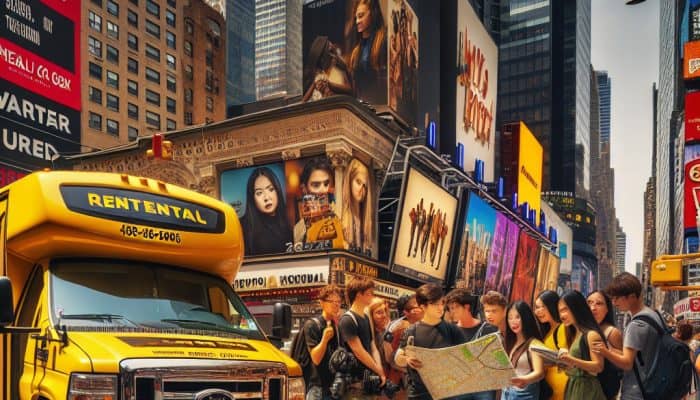 Tourists reading map beside yellow rental bus, Times Square