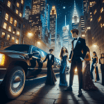 Elegant group beside limousine in city at night