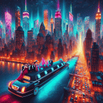 Neon futuristic city skyline with limousine on bridge