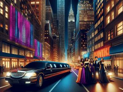 Limousine and elegantly dressed group in NYC at night
