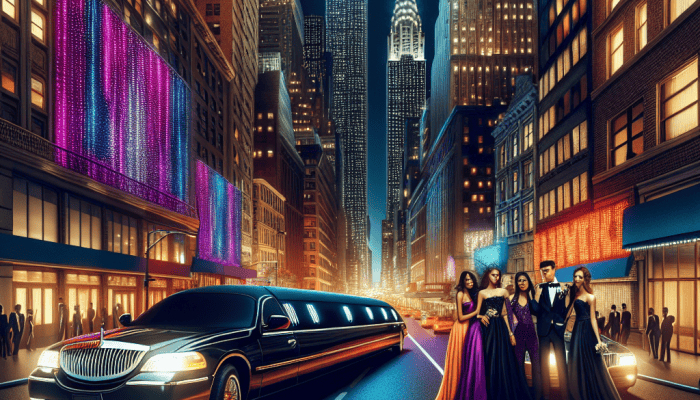 Limousine and elegantly dressed group in NYC at night