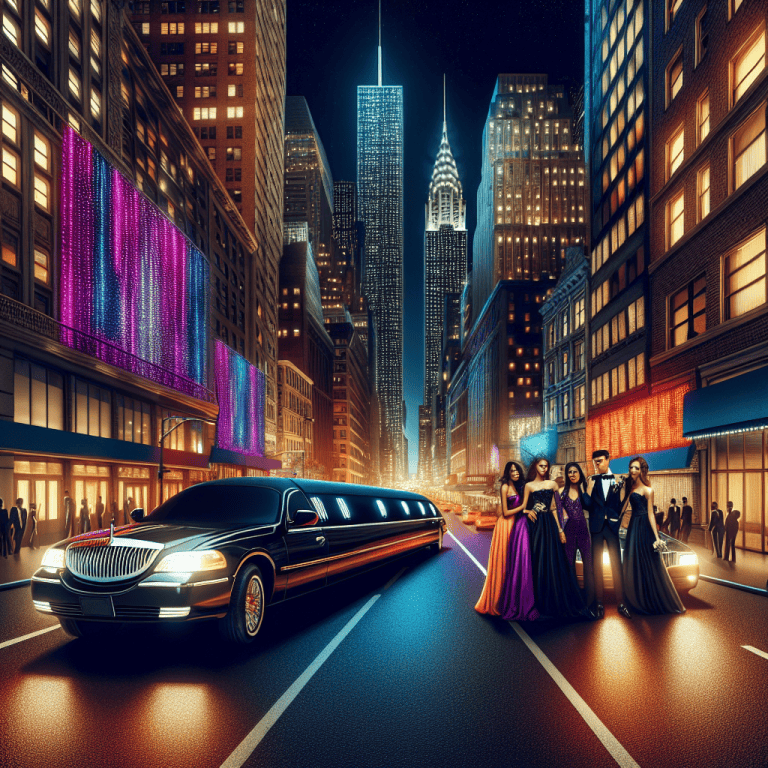Limousine and elegantly dressed group in NYC at night