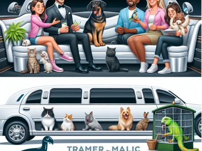 Cartoon limousine pet transport service with people and animals
