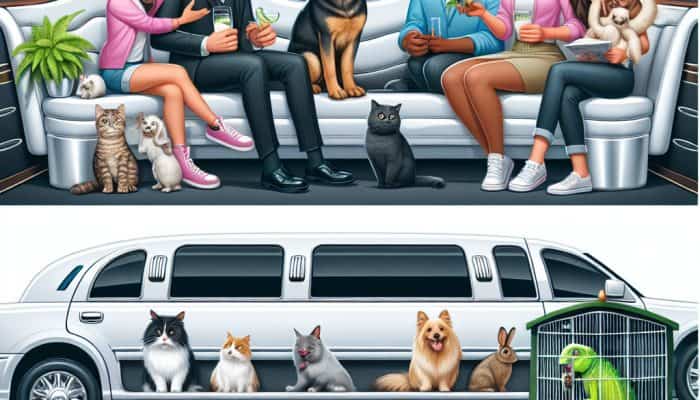 Cartoon limousine pet transport service with people and animals