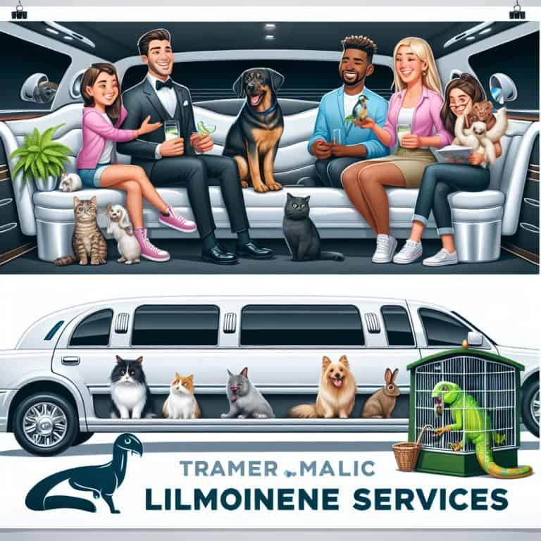 Cartoon limousine pet transport service with people and animals