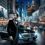 Man in tuxedo beside luxury car in Times Square at night