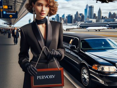 Stylish woman holding sign by limousine at airport