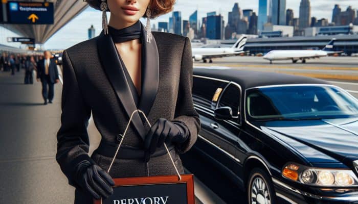 Stylish woman holding sign by limousine at airport