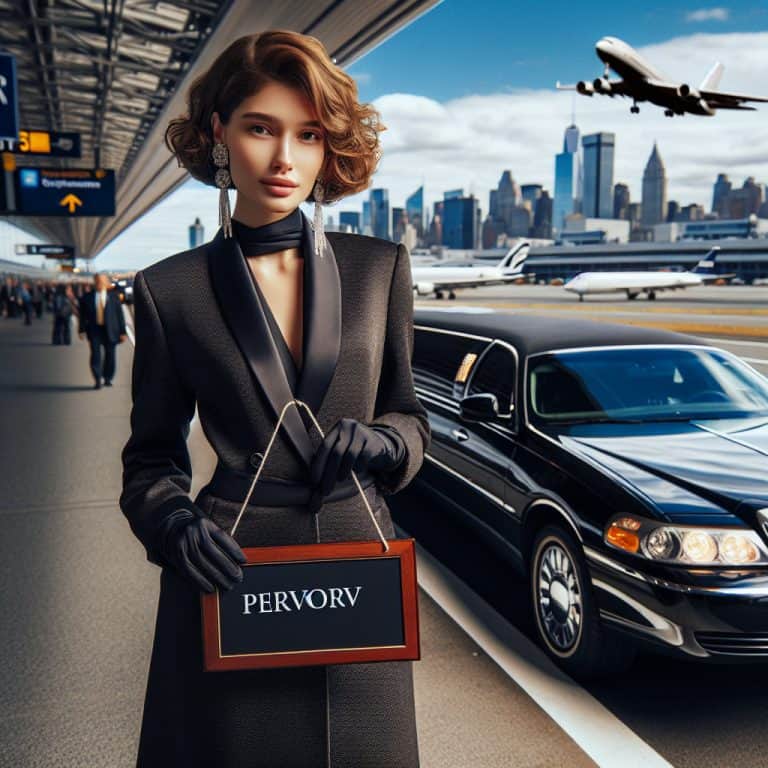 Stylish woman holding sign by limousine at airport