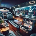 Luxury limousine interior with bar and city skyline