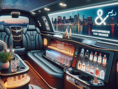 Luxury limousine interior with bar and city skyline