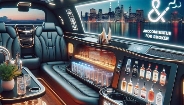 Luxury limousine interior with bar and city skyline
