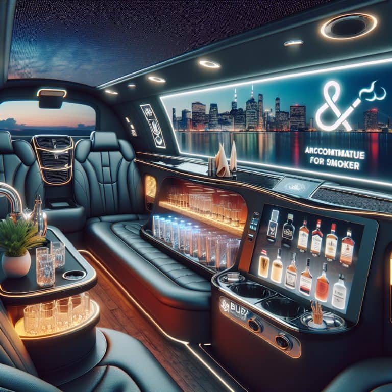 Luxury limousine interior with bar and city skyline