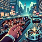 Cigar foreground, luxury limousine in city skyline