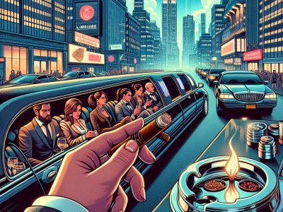 Cigar foreground, luxury limousine in city skyline