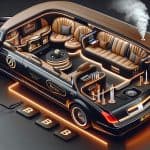 Luxury limousine interior with lounge seating and bar.