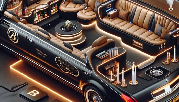 Luxury limousine interior with lounge seating and bar.