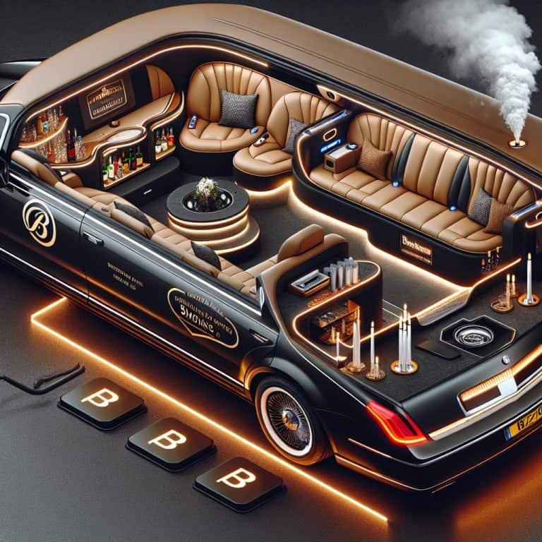 Luxury limousine interior with lounge seating and bar.